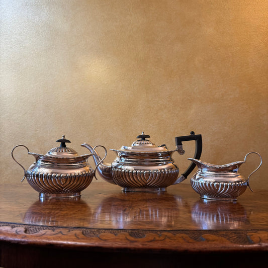 Antique English Silver Plated Three Piece Tea Pot Milk & Sugar Set