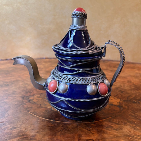 Arabic Blue Enamelled Pottery Tea Pot