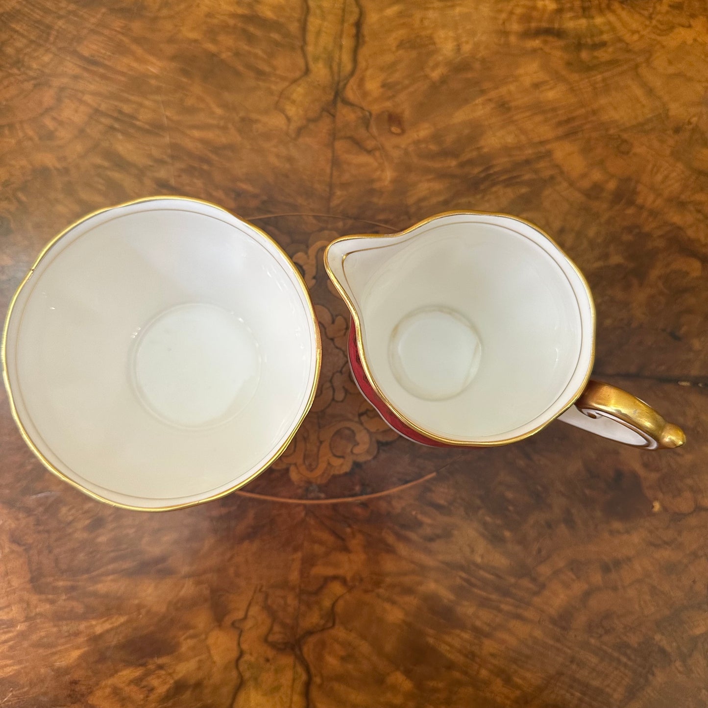 Bell China Red & Gold Print Jug & Sugar Bowl
