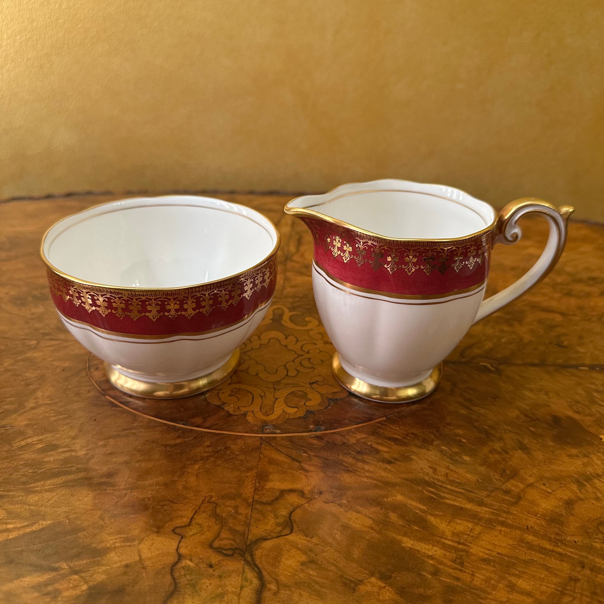 Bell China Red & Gold Print Milk Jug & Sugar Bowl