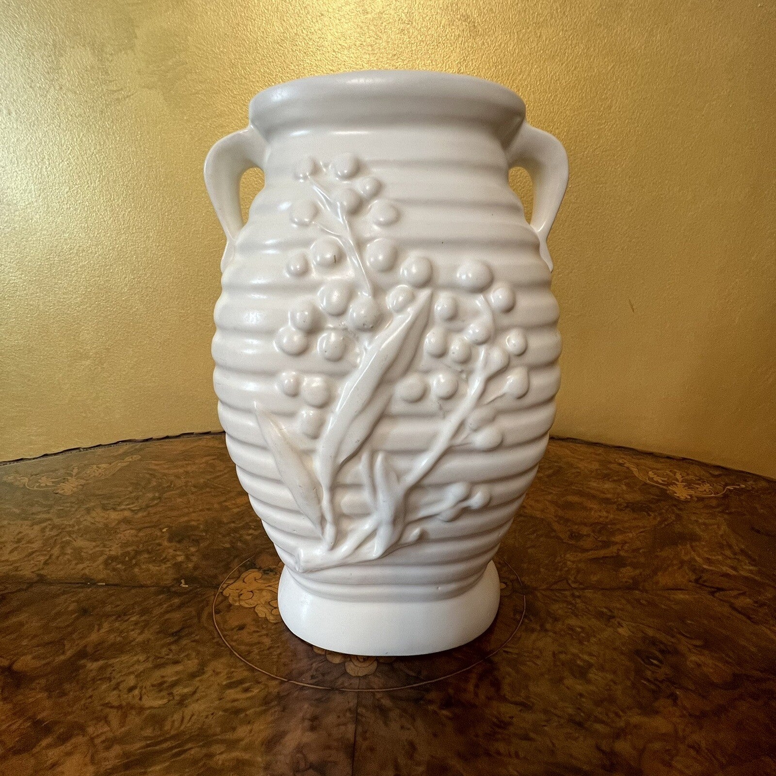 Embossed White Vase With Handles