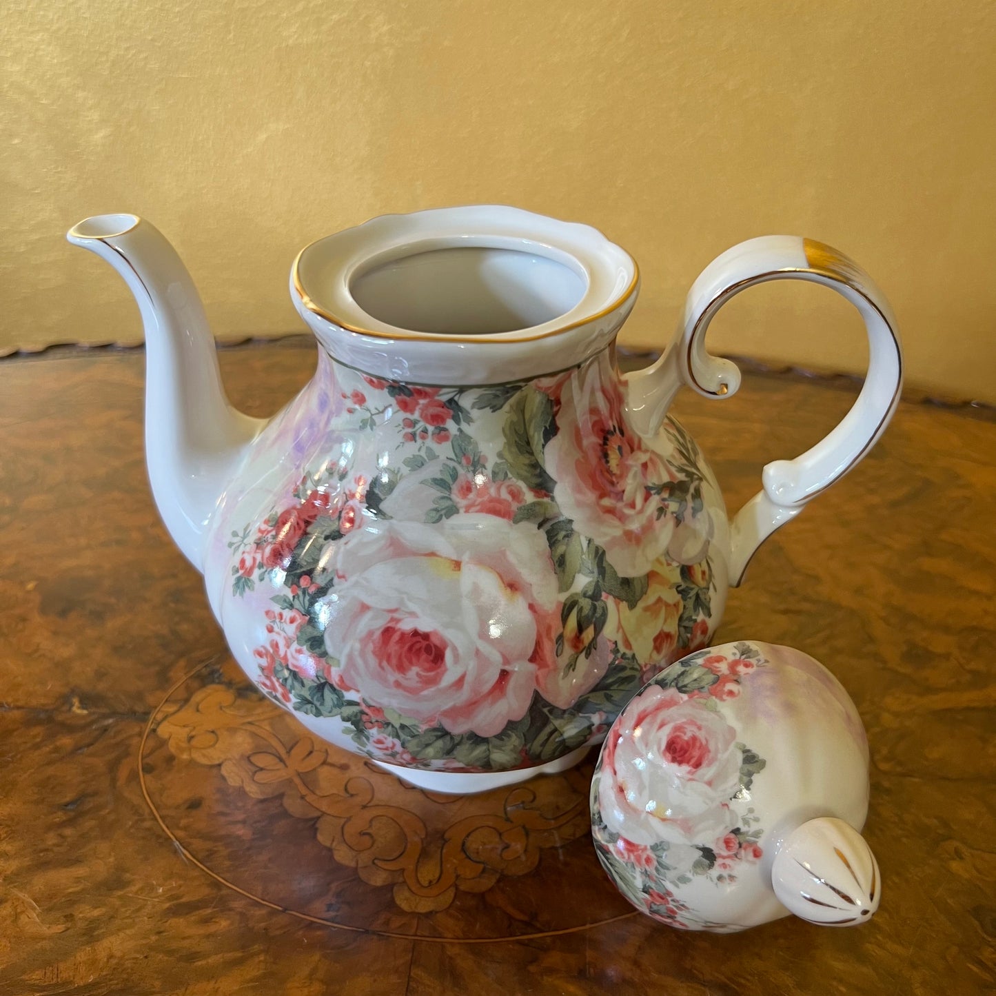 Gold Pink Floral Print Tea Pot