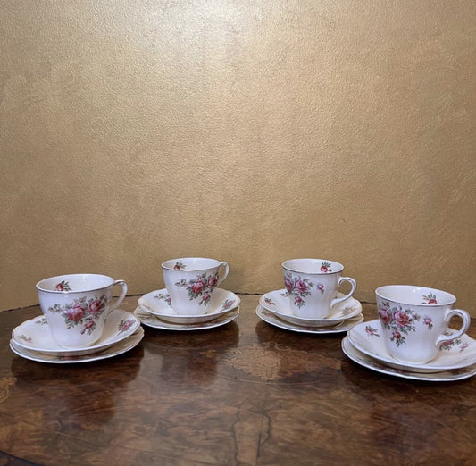 J & G Meakin Rose Print Set Of 4 Tea Cup Trios