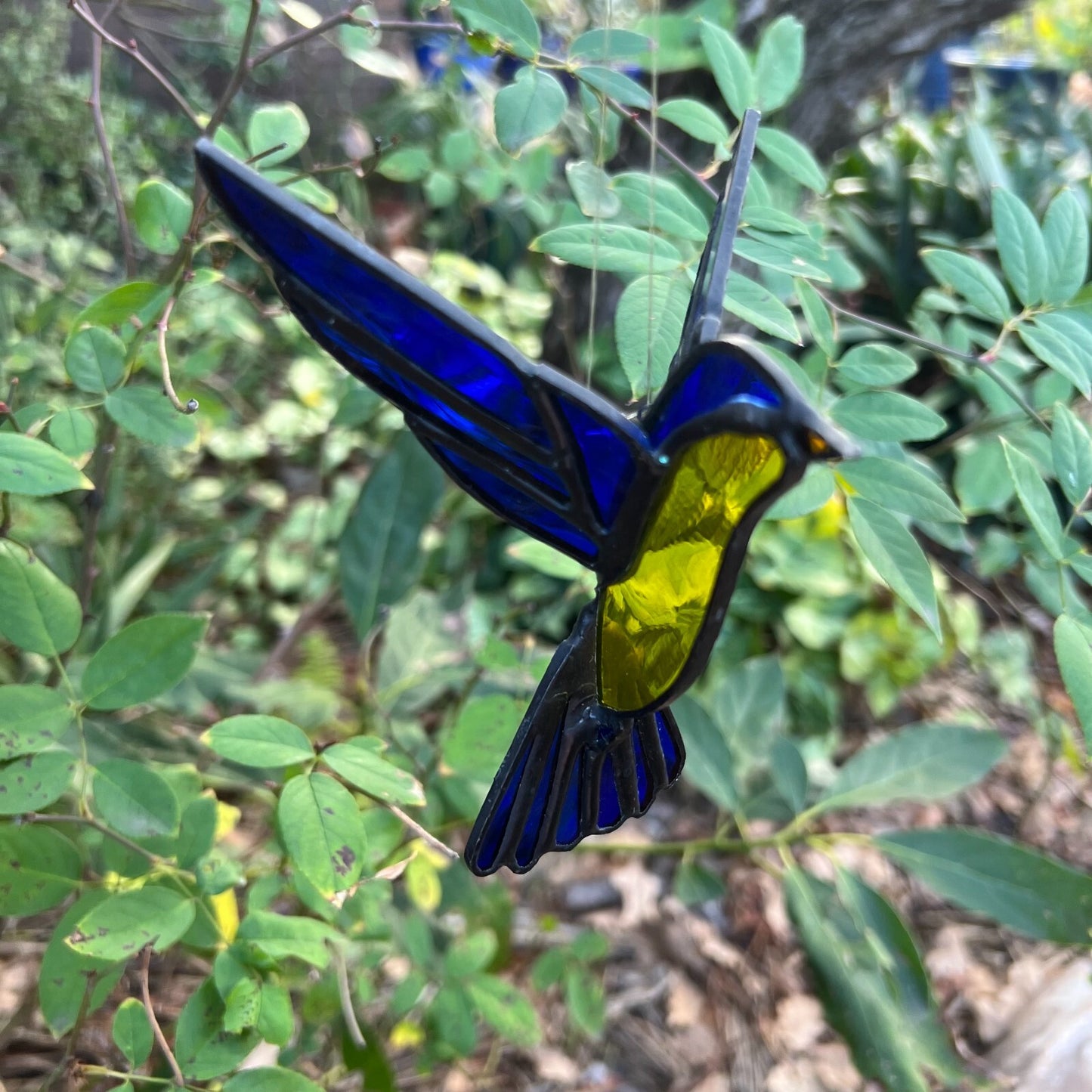 Lead Light Fairy Swallow Blue & Yellow Bird Sun Catcher Hanging