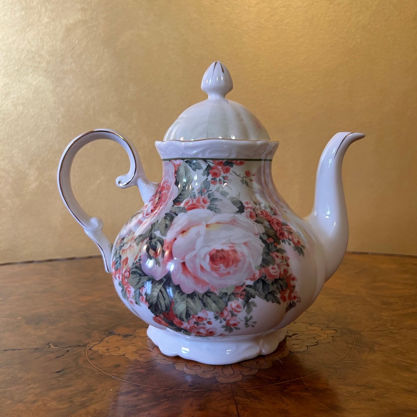 Pink Gold Floral Print Tea Pot