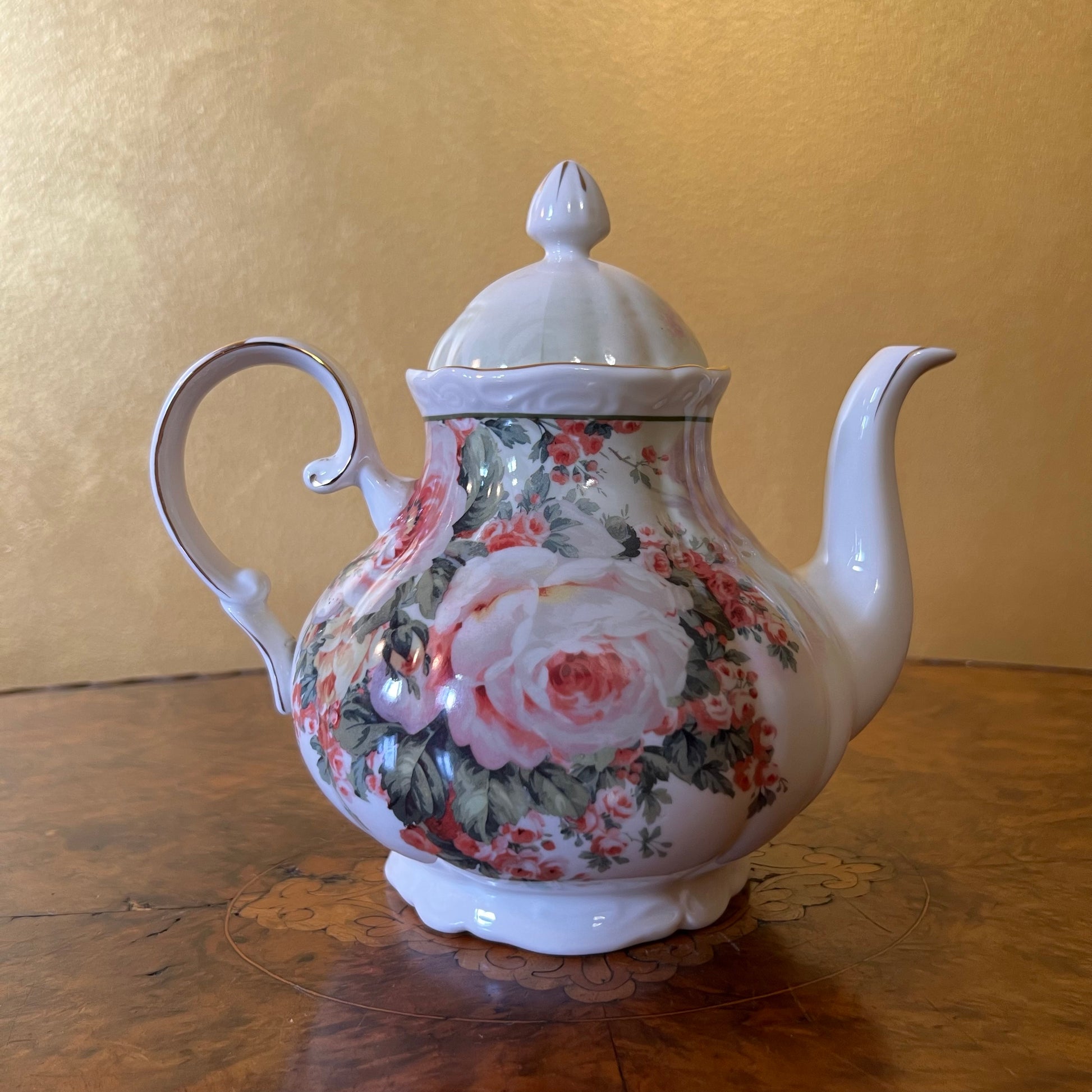 Pink Gold Floral Print Tea Pot