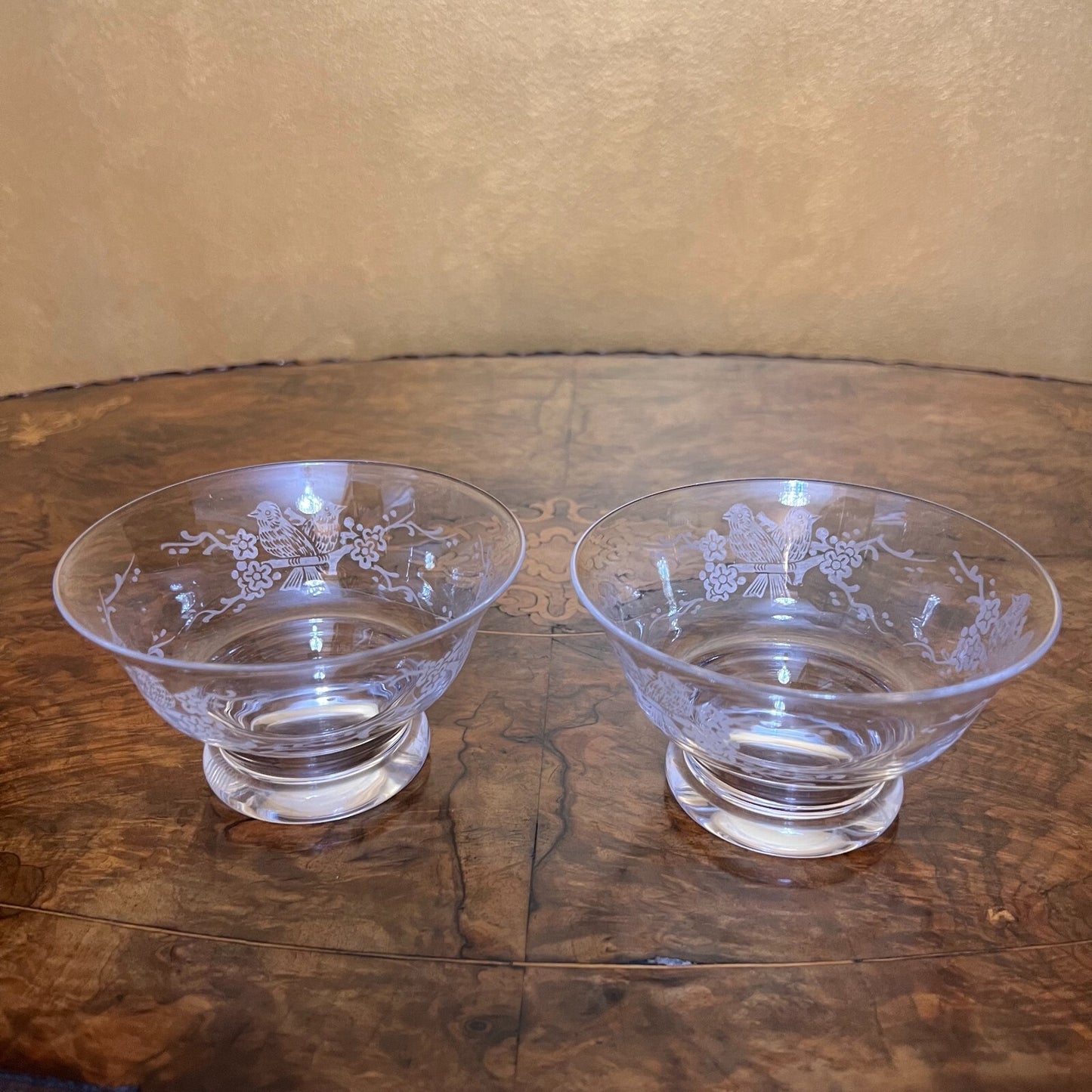 Stuart Crystal Etched Bird Dessert Bowls Pair