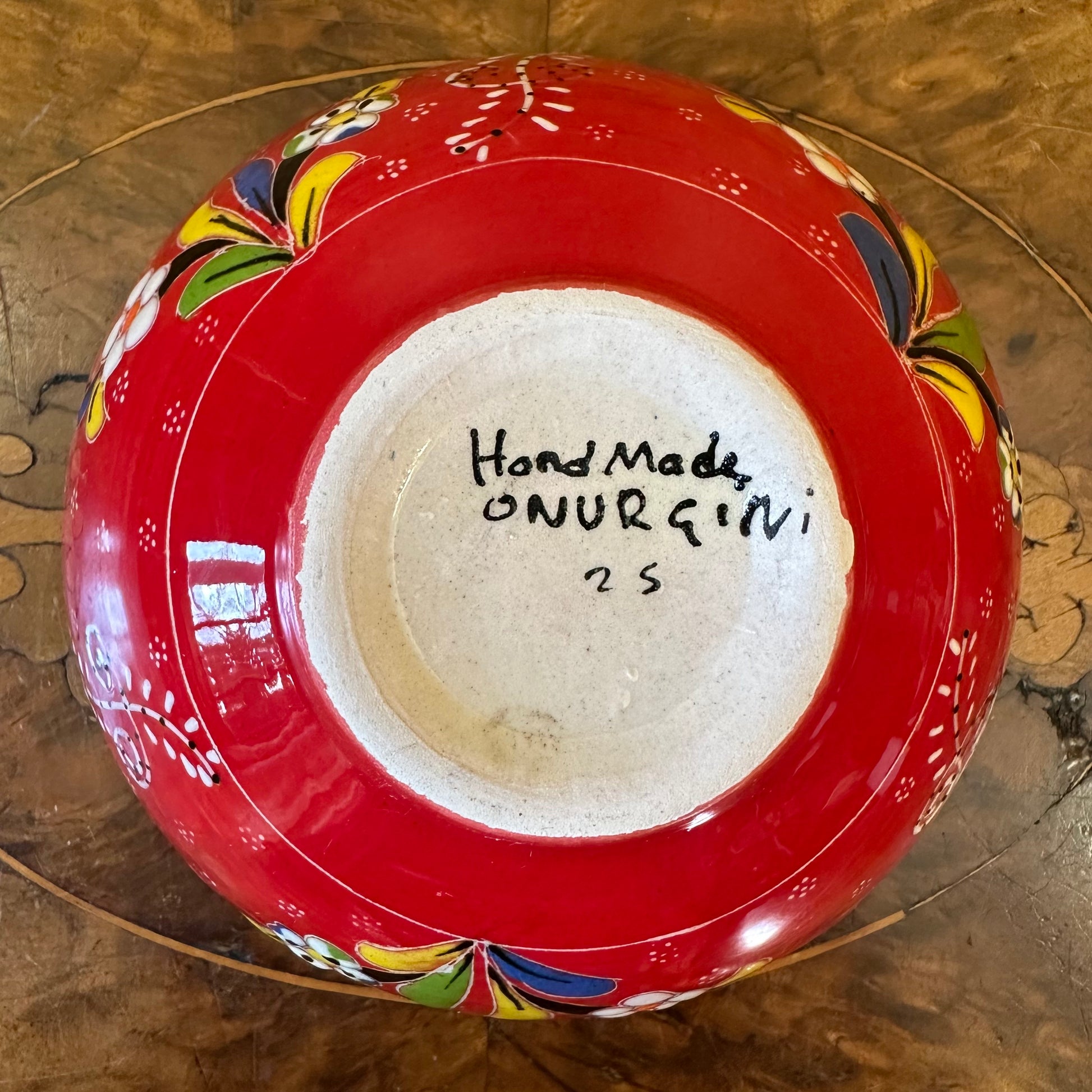 Turkish Pottery Hand Made Small Bowl Red Floral