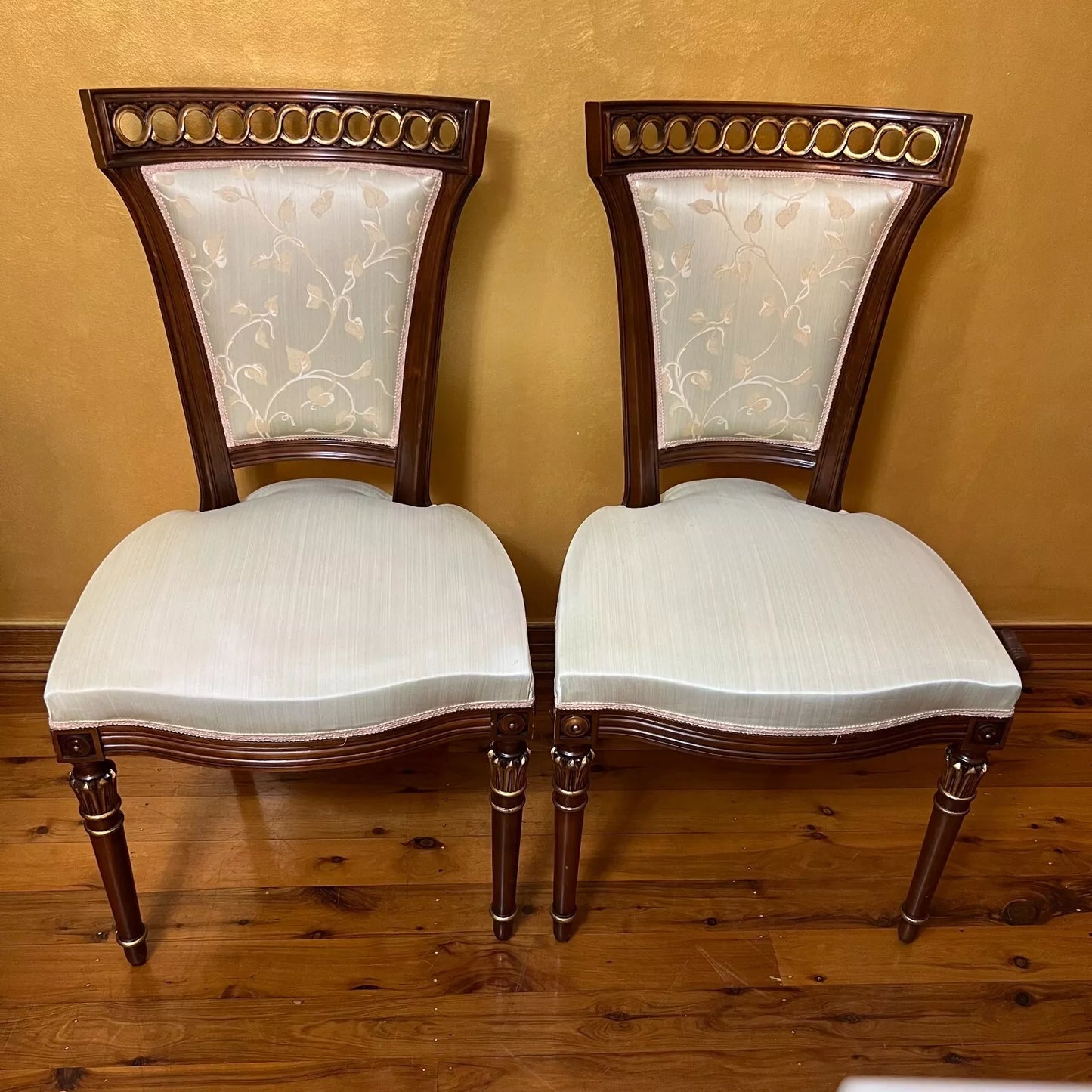 Vintage Floral Mint Wooden Chairs Pair