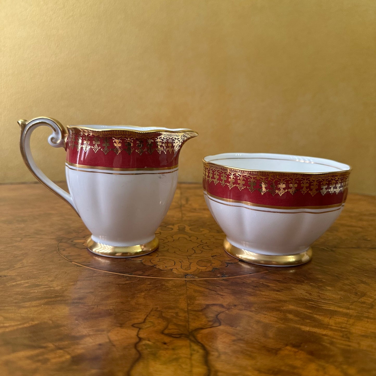 Vintage Bell China Red & Gold Print Milk Jug & Sugar Bowl