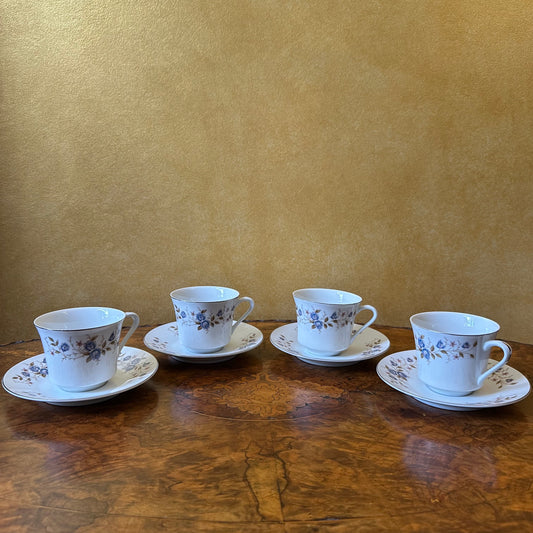 Vintage Blue Floral Print Tea Cup & Saucer Set Of Four