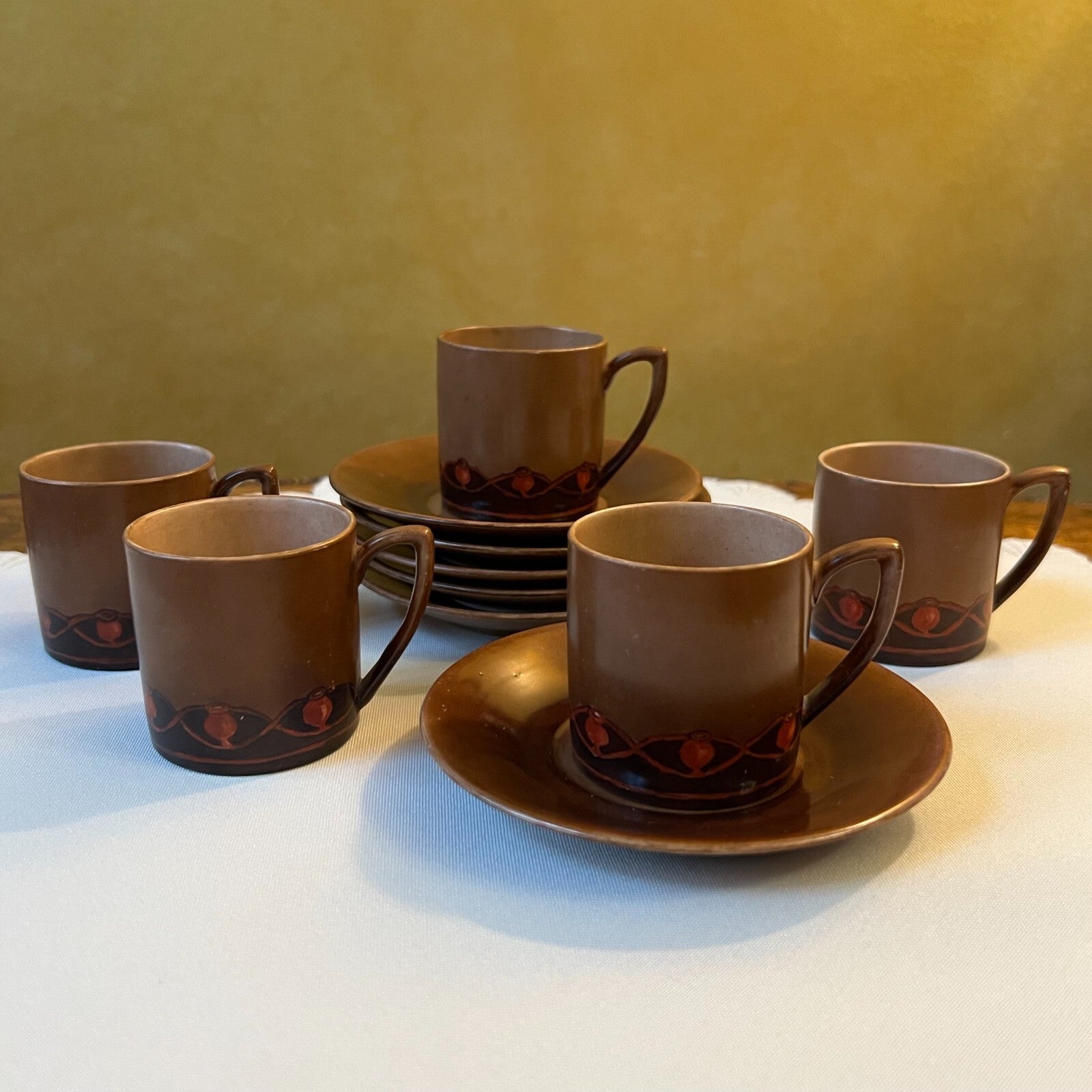 Vintage Brown Demitasse Coffee Cup Saucer Plate Set
