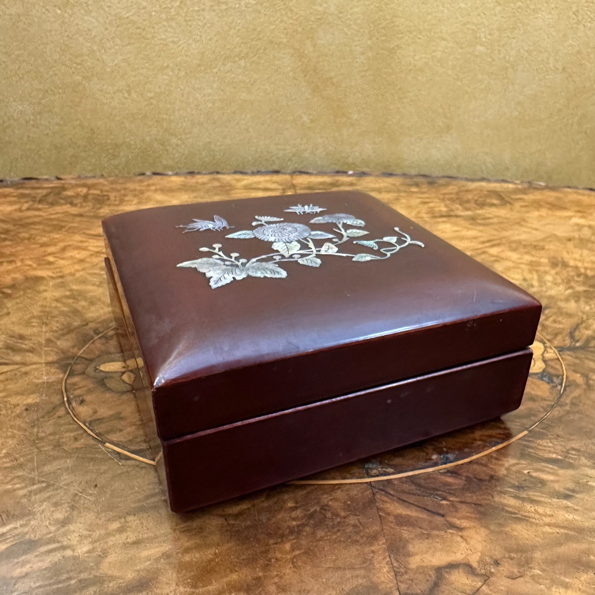 Vintage Butterfly Floral Mother Of Pearl Inlay Wooden Box