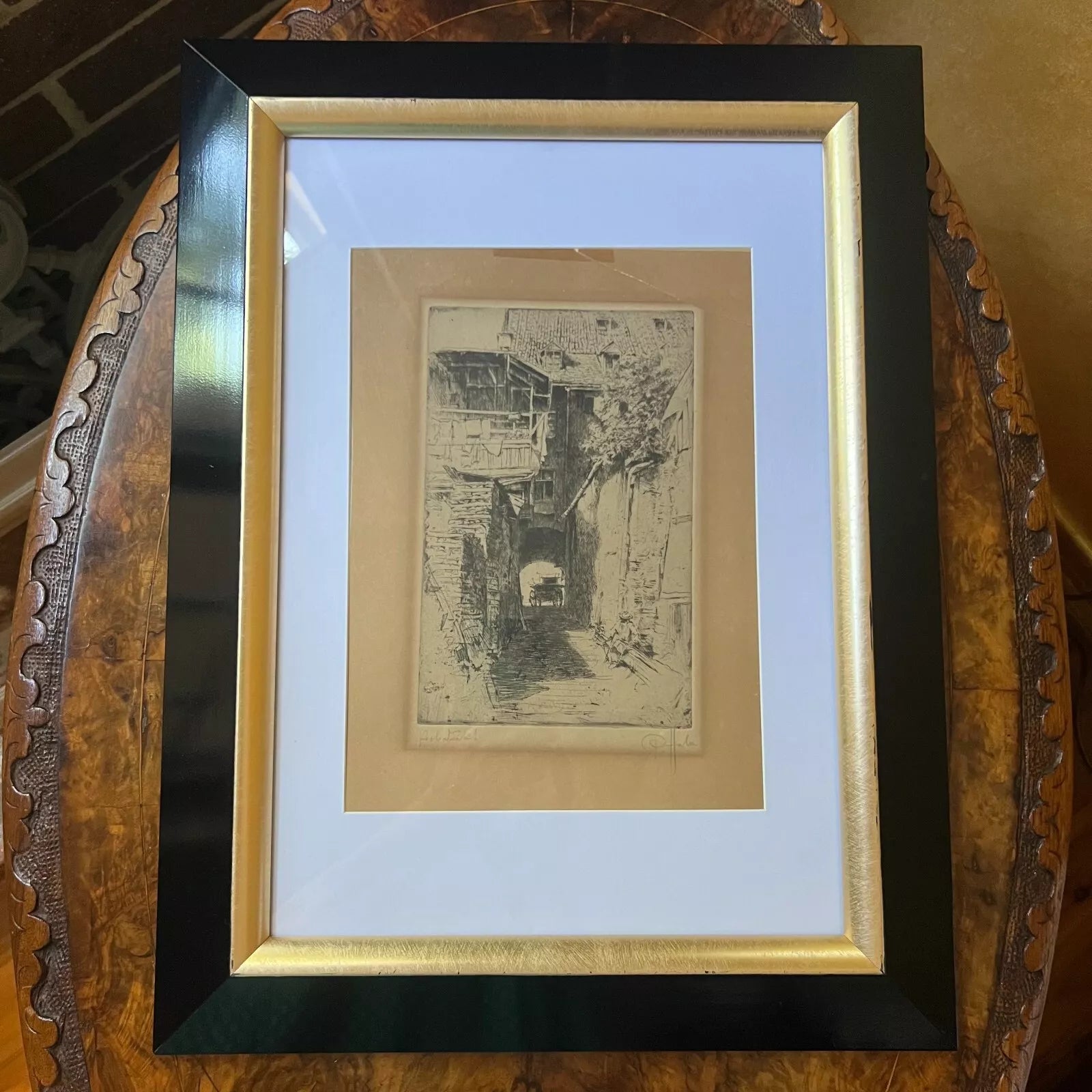 Vintage Etching Of Old Buildings Hanging Art