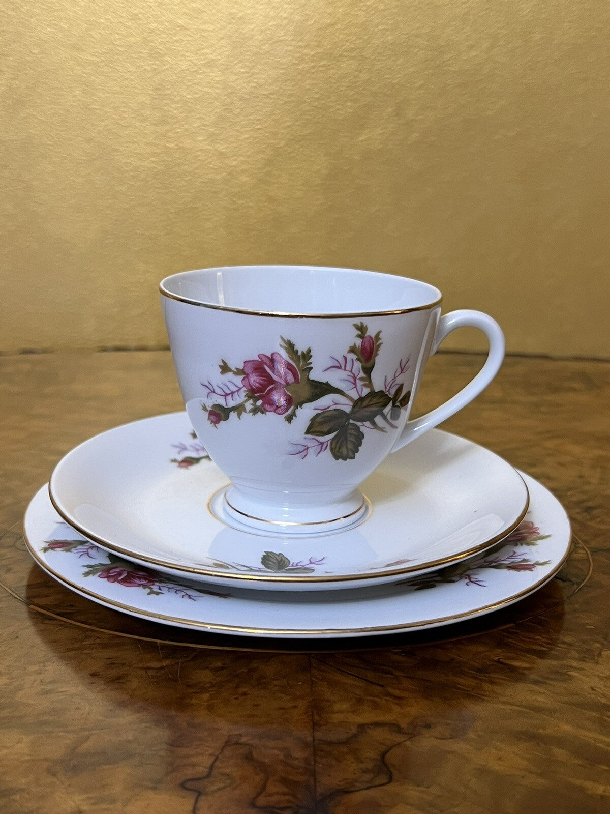 Vintage Floral Print Bone China Tea Cup Trio Set