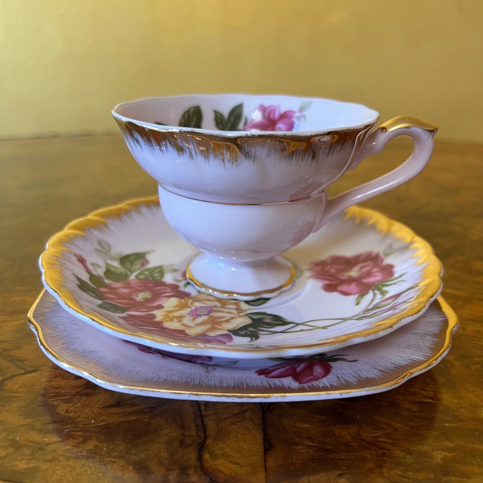 Vintage Japanese Pink Floral Tea Cup Trio Set