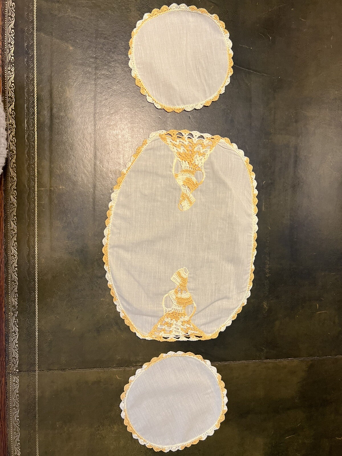 Vintage Orange Embroidery Three Piece Doily Set