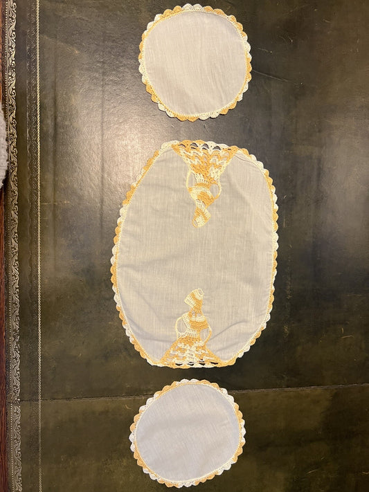 Vintage Orange Embroidery Three Piece Doily Set