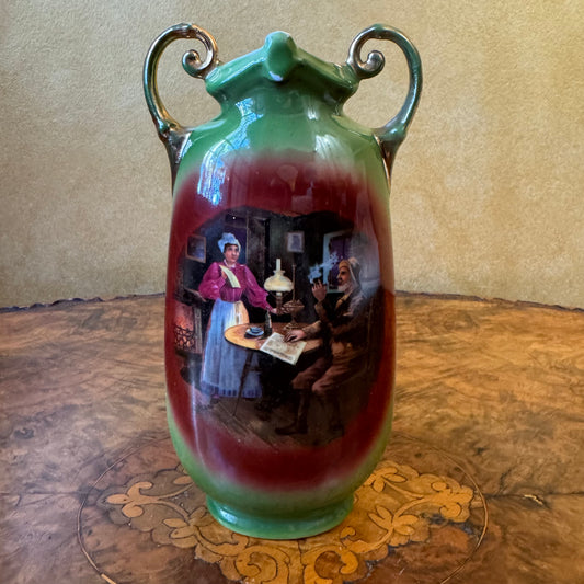 Vintage Printed Green Double Handled Vase