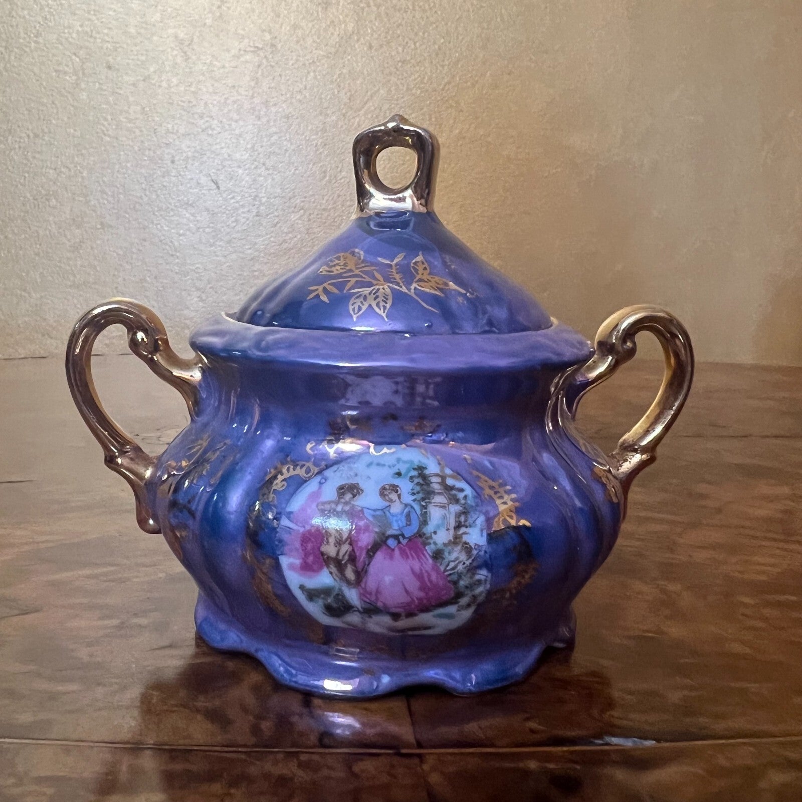 Vintage Purple Pearl Courting Print Demitasse Coffee Sugar Bowl