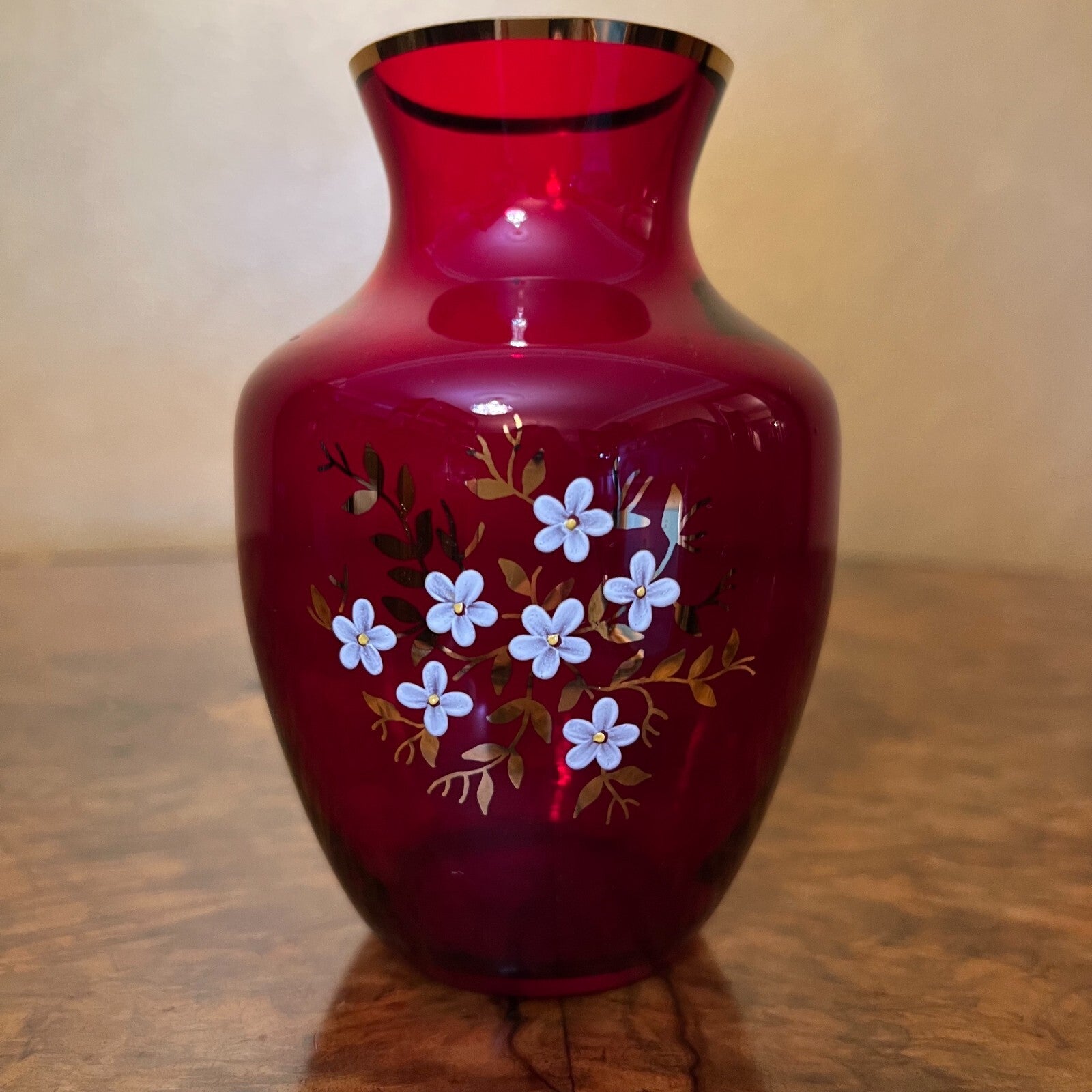 Vintage Red Glass Floral Print Vase