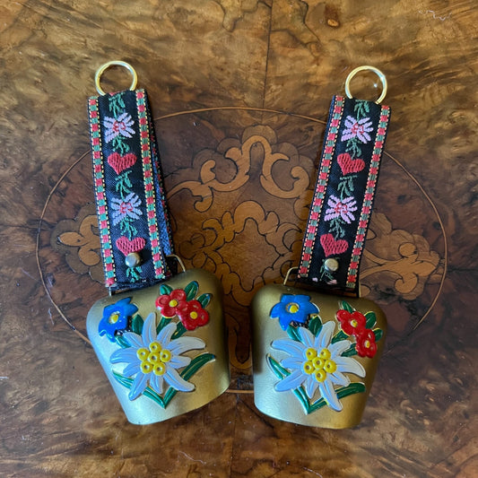 Vintage Swiss Hand Painted Small Cow Bells Pair