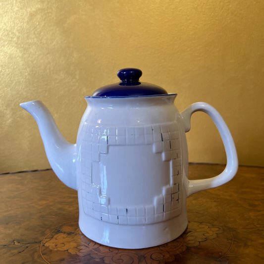 Vintage White & Blue Check Embossed Tea Pot