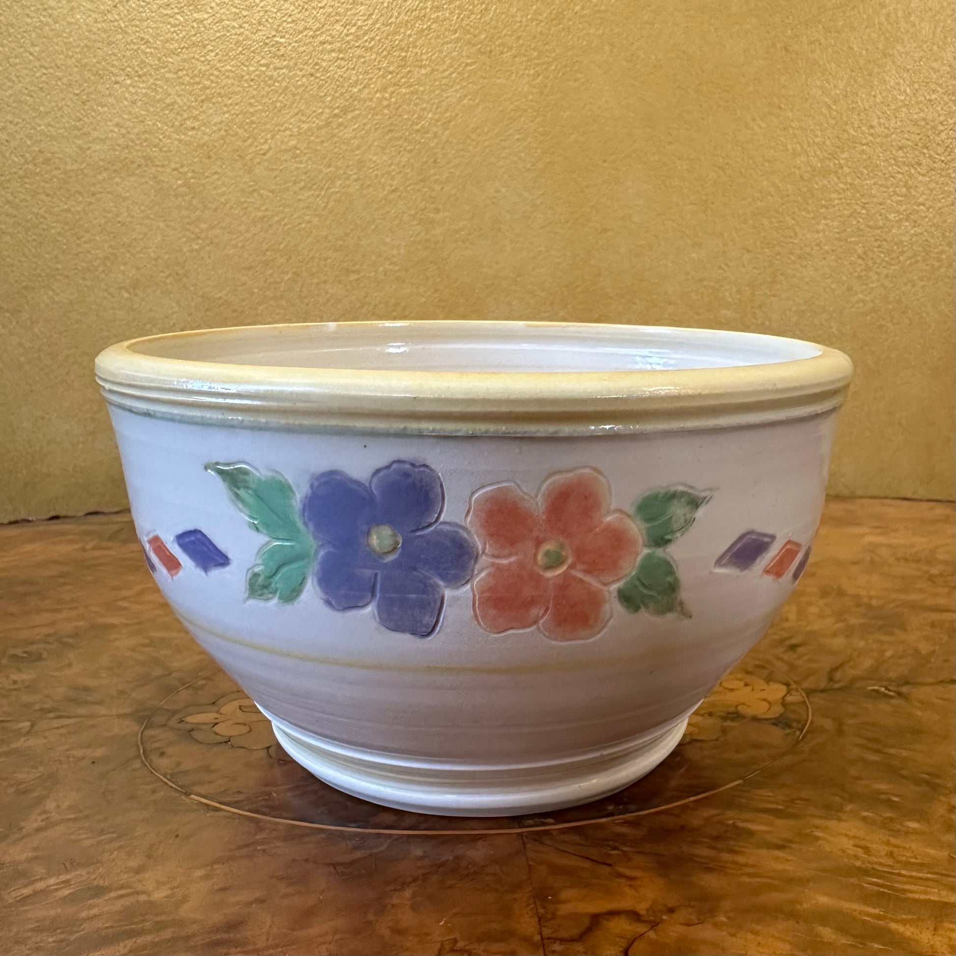 Yellow Cream Floral Design Pottery Bowl