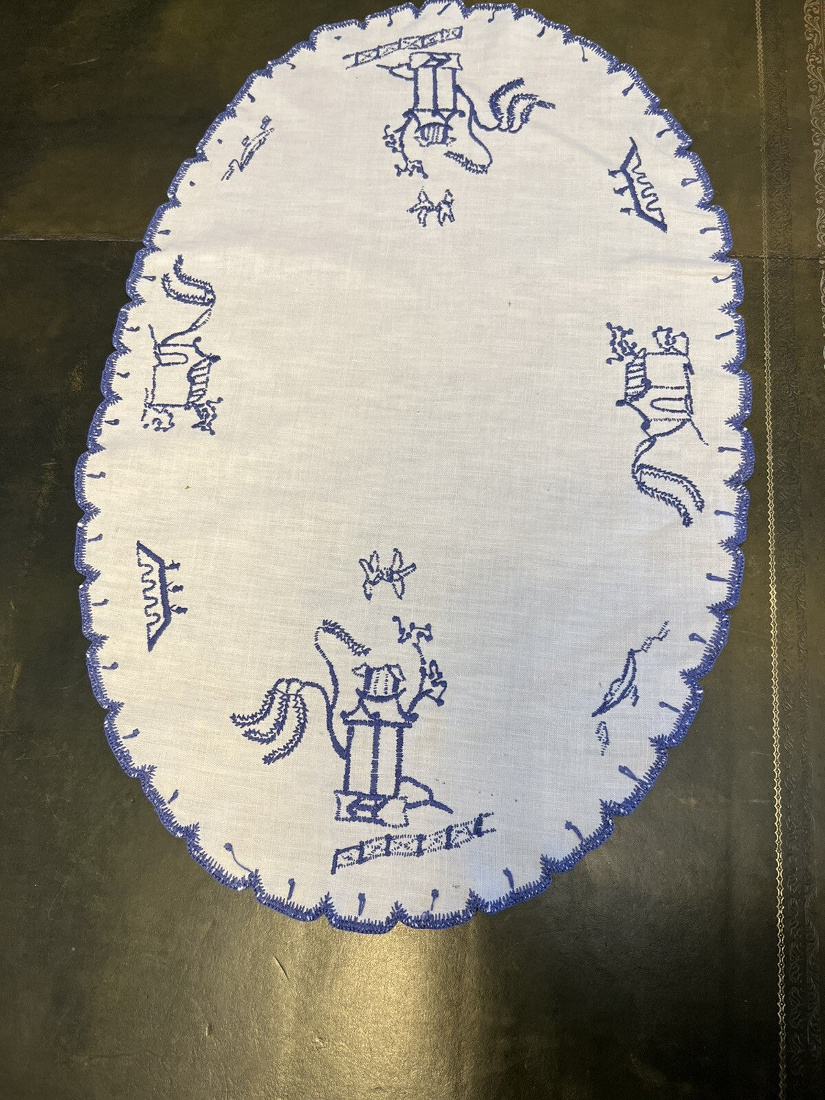 Blue Cotton Oval Embroidery Doily 