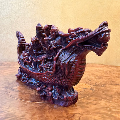 Chinese Red Resin Dragon Boat Statue Figurine Good Fortune 