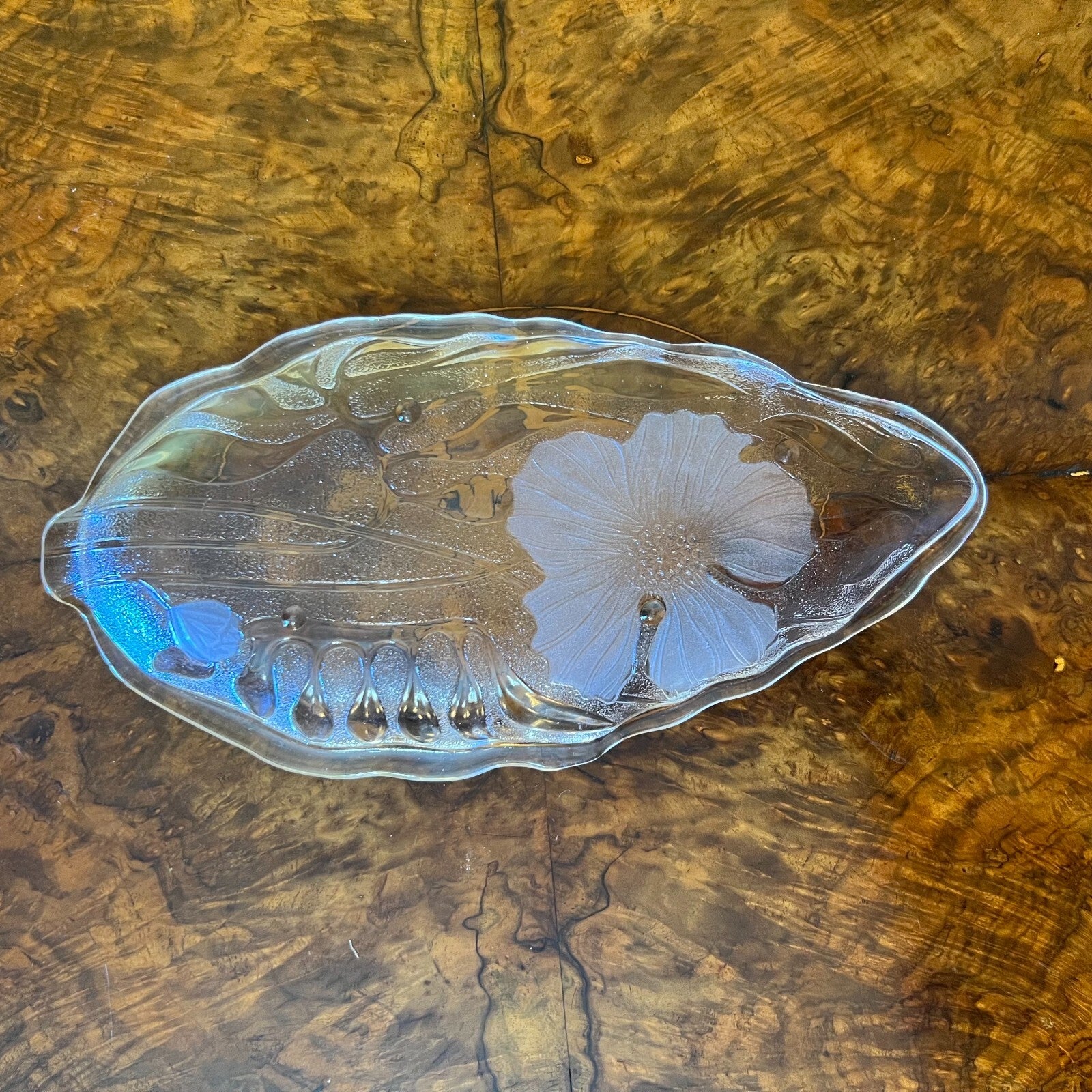 Floral Design Glass Leaf Shape Platter 