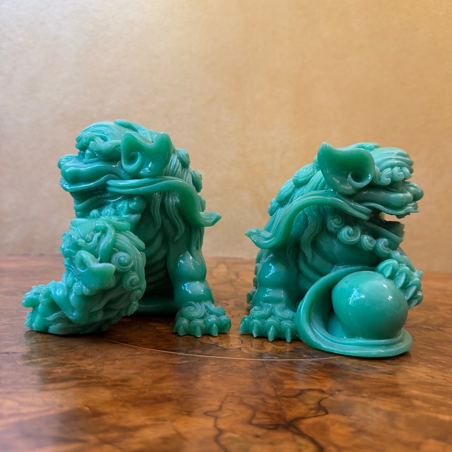 Green Resin Guardian Foo Dogs Statues Pair 