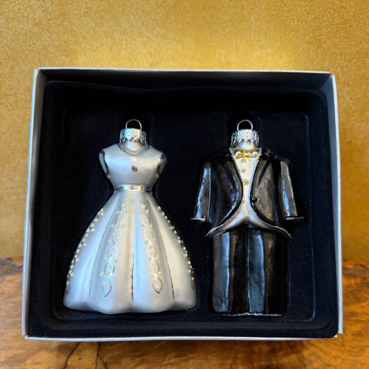 Hand Blown Glass Bride & Groom Christmas Ornaments 