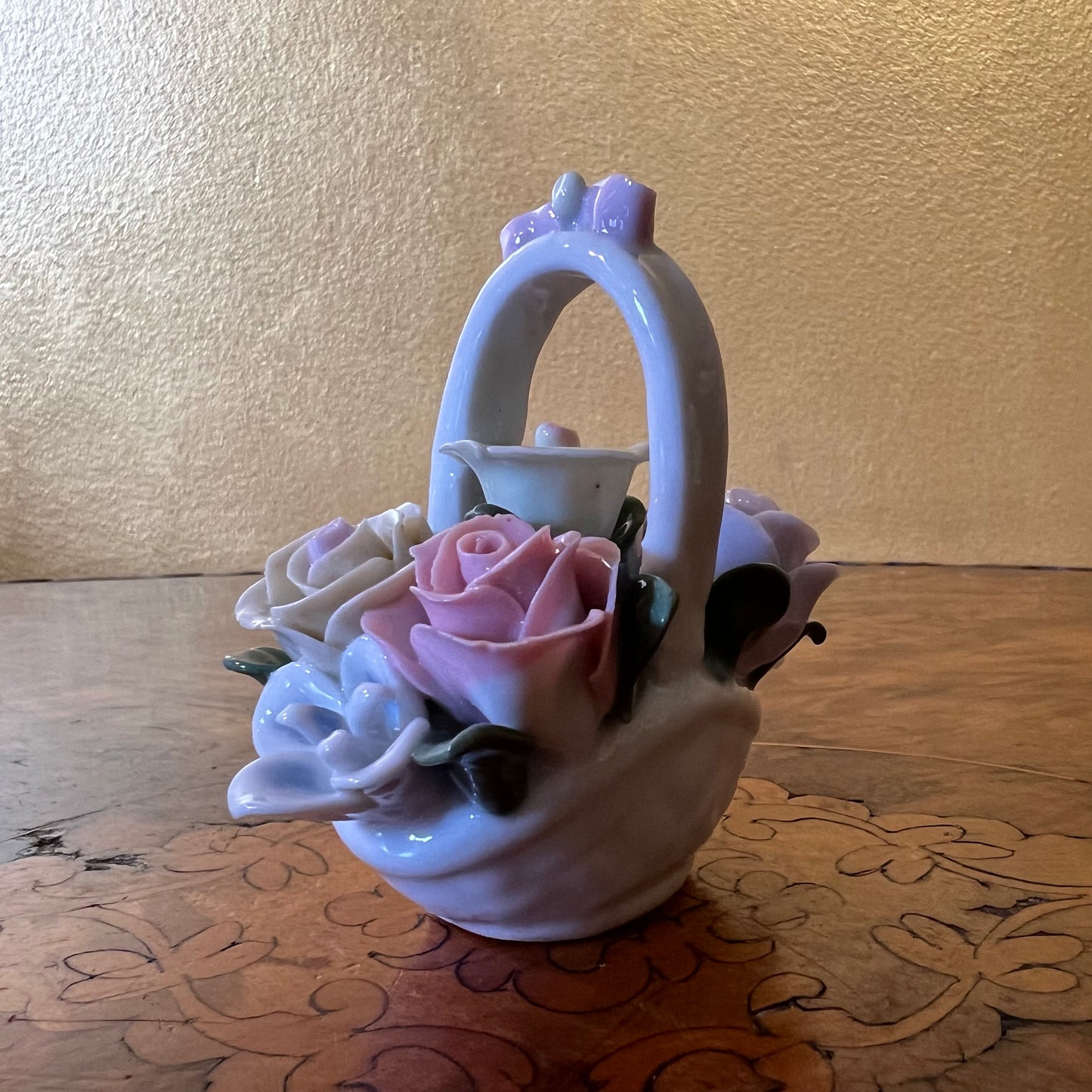 Vintage Porcelain Rose Basket Ornament