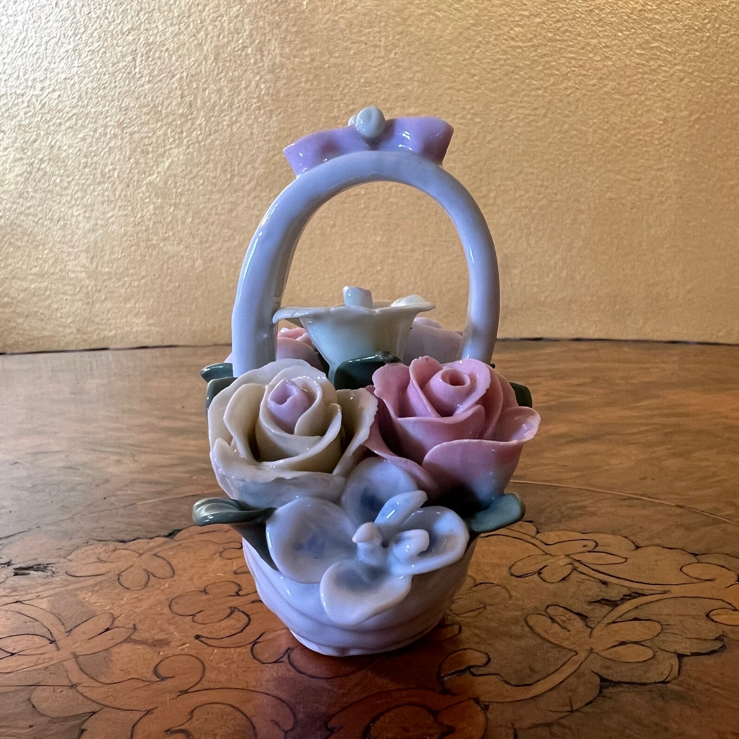 Vintage Porcelain Rose Basket Ornament