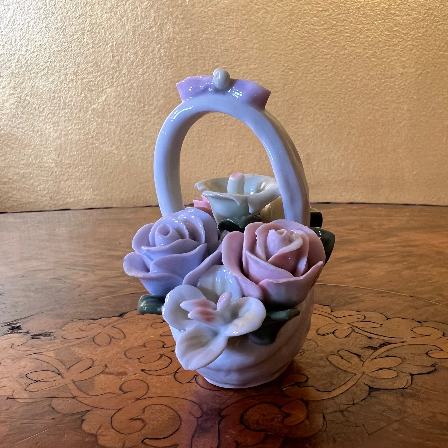 Vintage Porcelain Rose Basket Ornament
