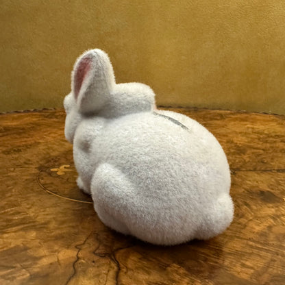 Vintage White Flocked Bunny Figurine Money Box
