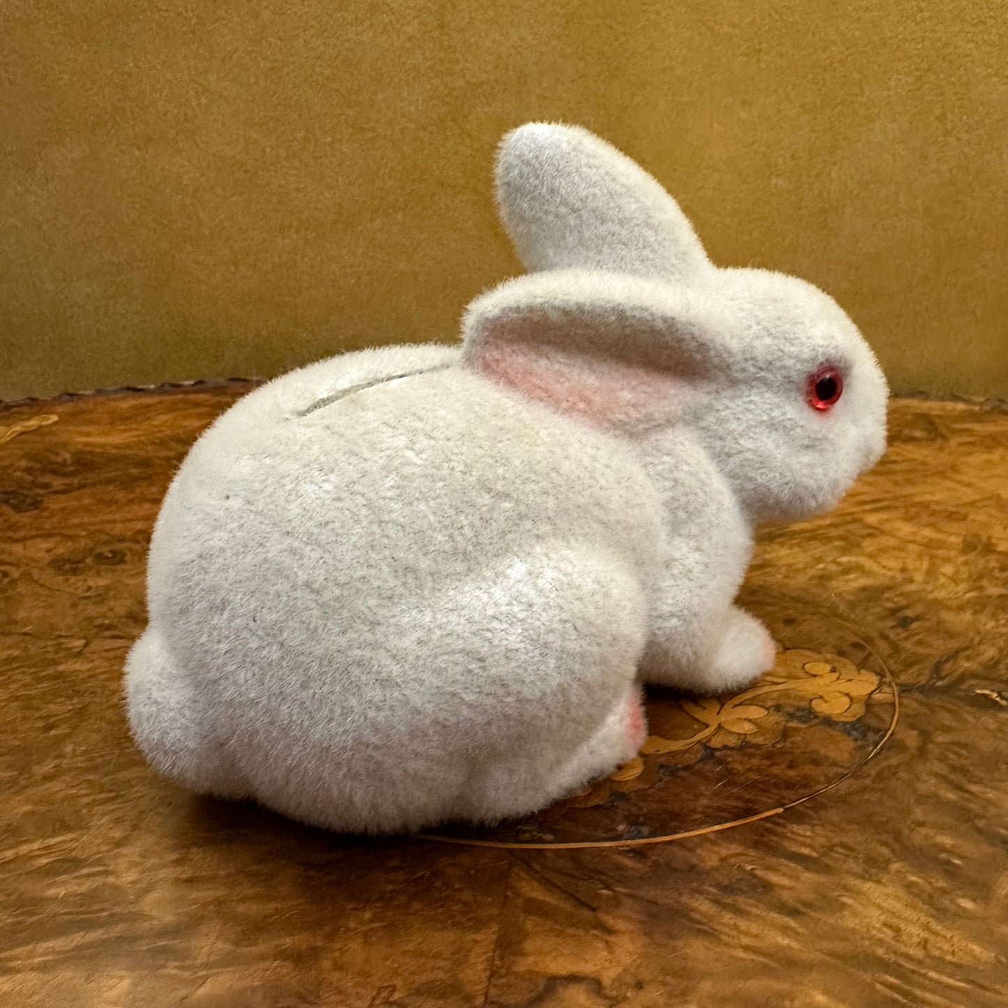 Vintage White Flocked Bunny Figurine Money Box