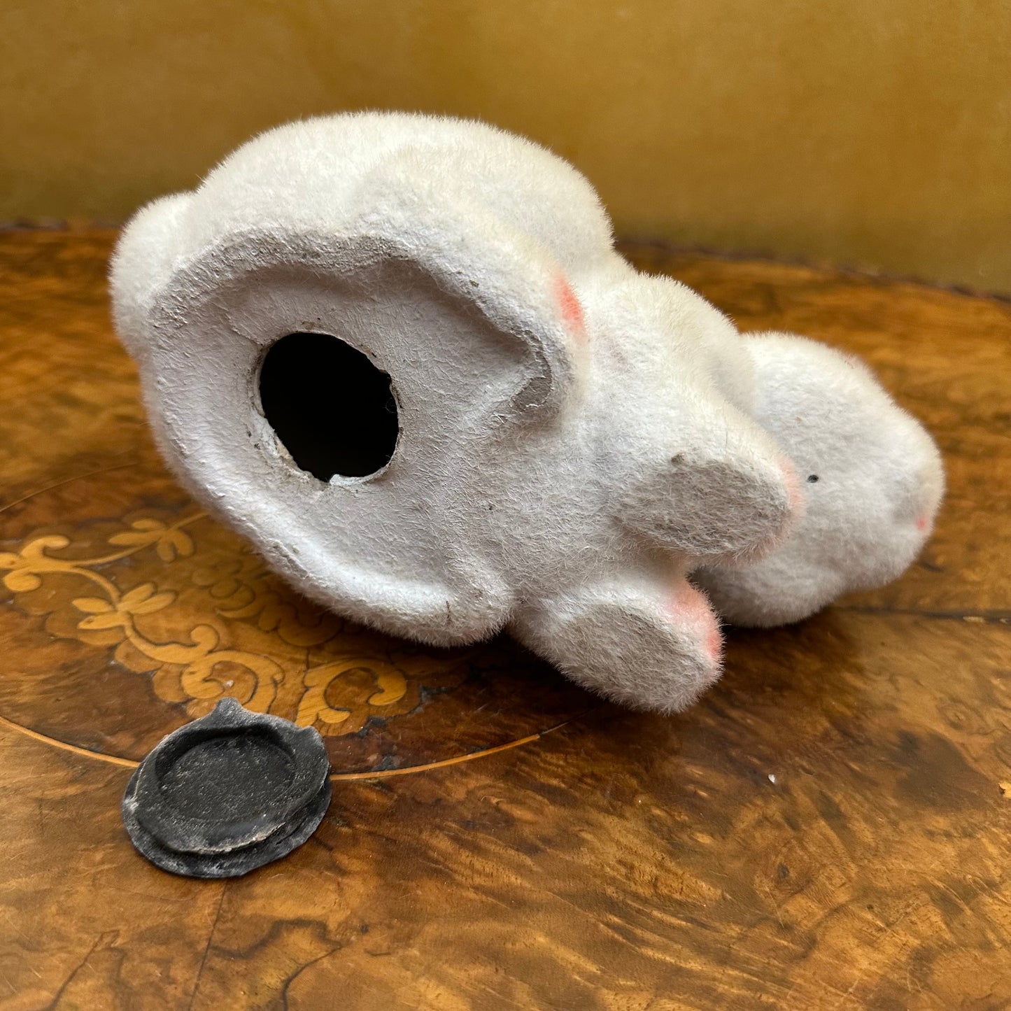 Vintage White Flocked Bunny Figurine Money Box