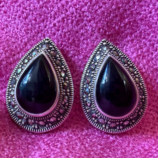 Vintage Sterling Silver Marcasite Black Onyx Style Earrings