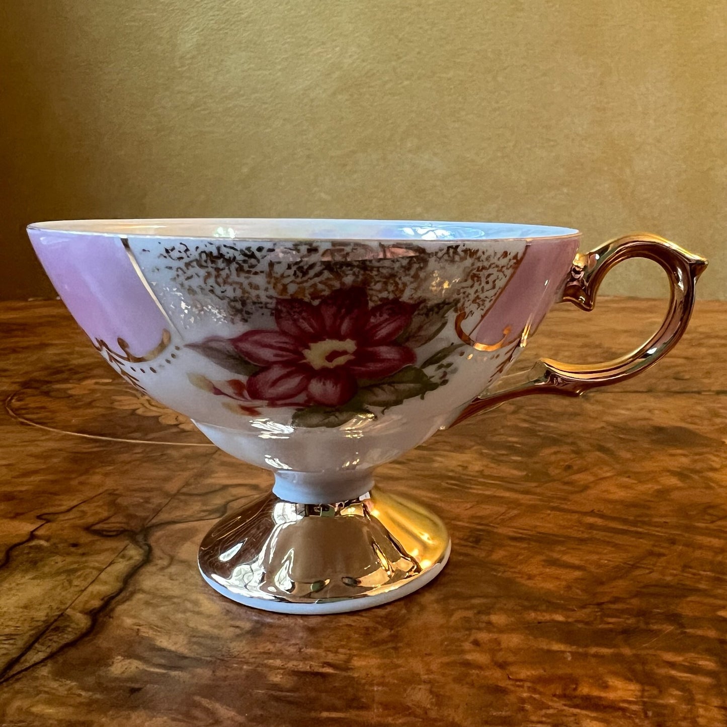 Japanese Pink Floral Lusterware Tea Cup & Saucer