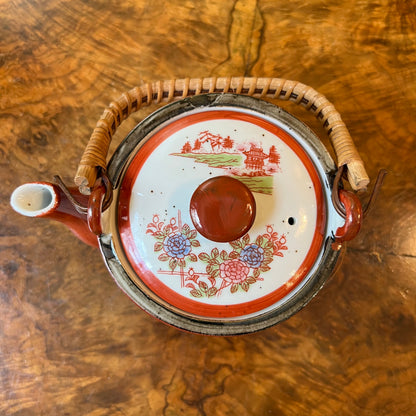 Japanese Print Tea Pot Wooden Handle 
