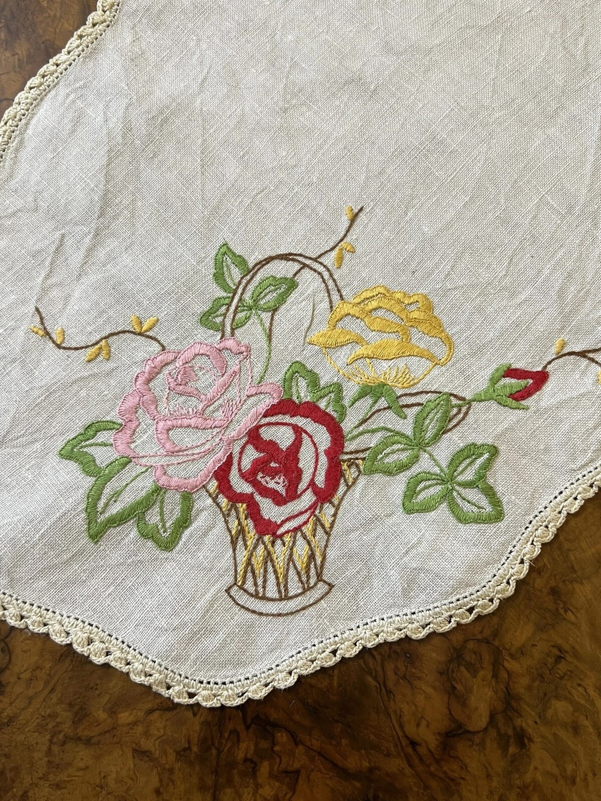 Linen Embroidered Floral Doily