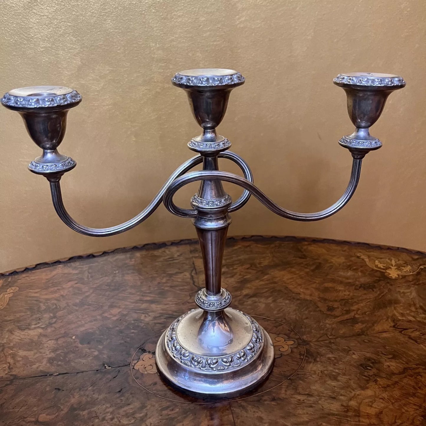 Ornate Silver Plated Three Branch Candelabra