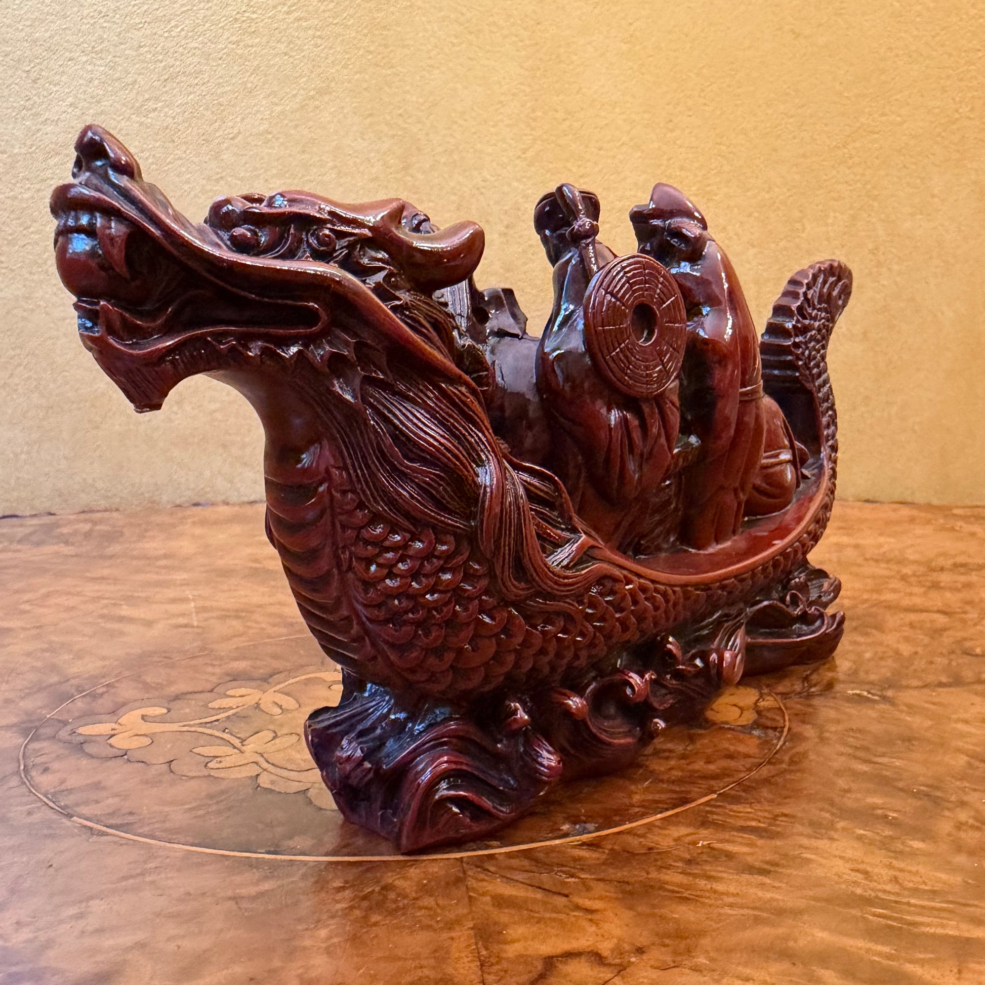 Red Resin Dragon Boat Statue Figurine Good Fortune 
