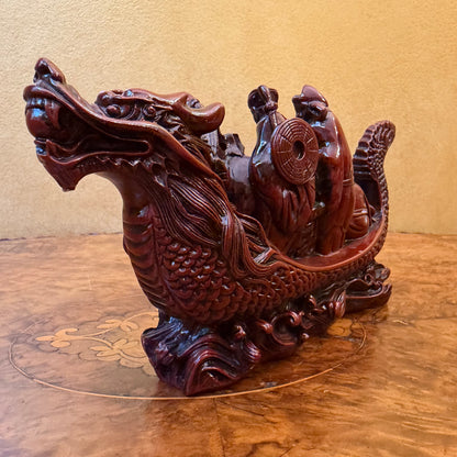 Red Resin Dragon Boat Statue Figurine Good Fortune 