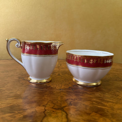 Vintage Bell China Red & Gold Print Milk Jug & Sugar Bowl 