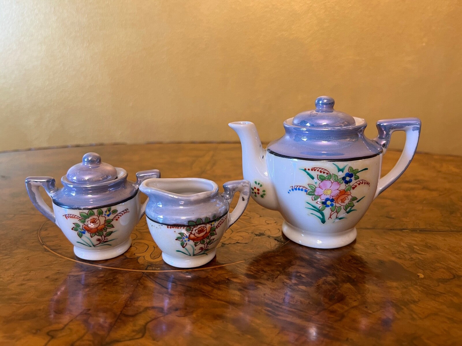 Vintage Blue Floral Teapot, Sugar and Milk Jugs Toy Tea Set 