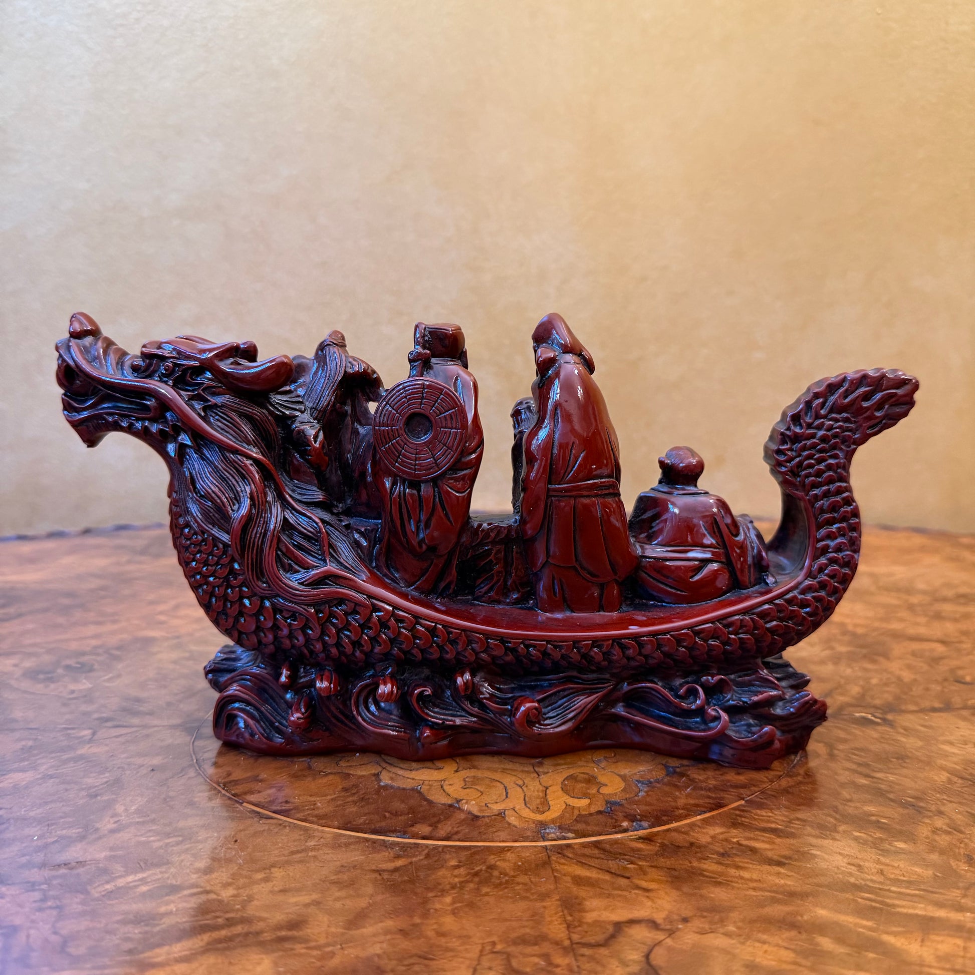 Vintage Chinese Red Resin Dragon Boat Statue Figurine Good Fortune 