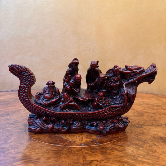 Vintage Chinese Red Resin Dragon Boat Statue Figurine Good Fortune Fulong Mark
